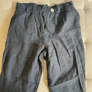 Navy Linen Trousers with Front Button